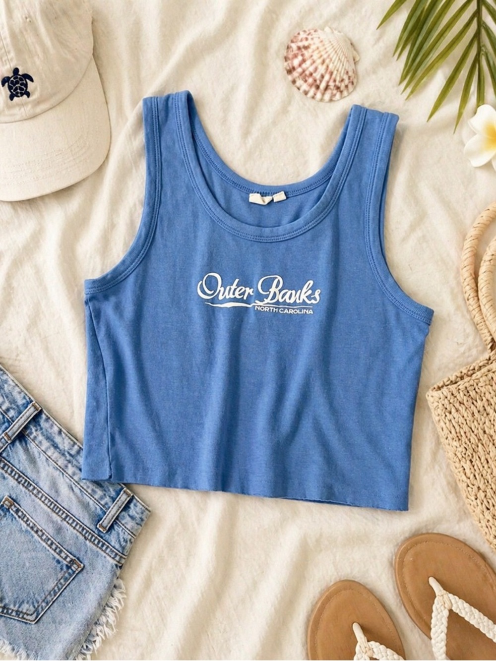 Outer Banks NC Blue Cropped Tank Top Size Large Cotton Graphic Beachy Casual